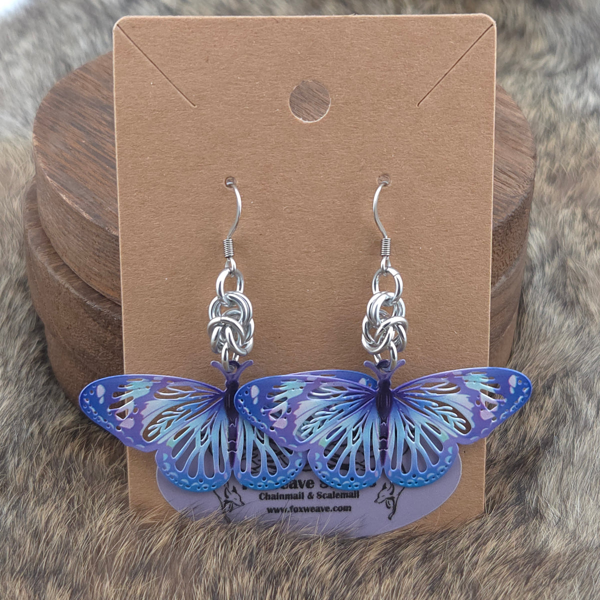 Earrings - Butterflies, Purple, Blue, Light Blue - Stainless Steel Filigree on Stainless Steel Hooks