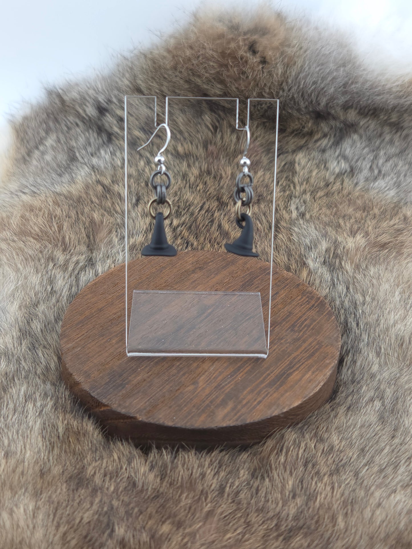 Earrings - Darkened Stainless Steel and Coffee Niobium - Black Witch Hats (Hooks)