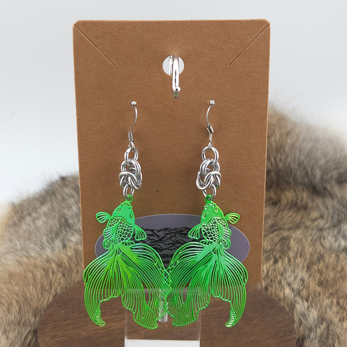 Earrings - Koi Fish, Green - Stainless Steel Filigree on Stainless Steel Hooks