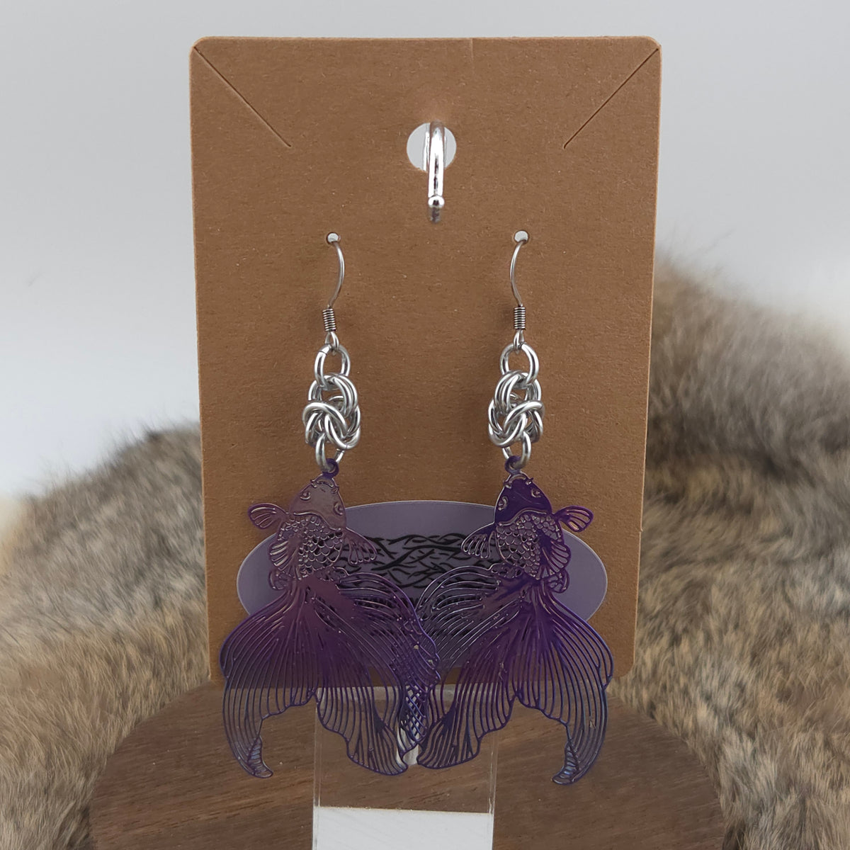 Earrings - Koi Fish, Purple - Stainless Steel Filigree on Stainless Steel Hooks