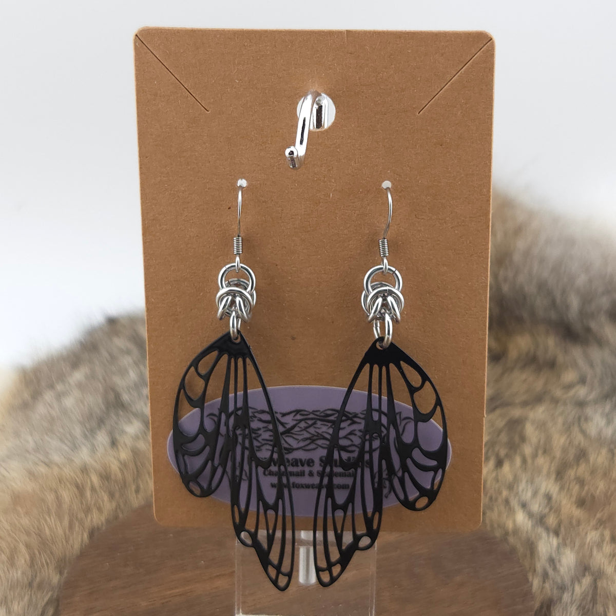 Earrings - Large Metallic Butterfly Wings, Black - Stainless Steel Filigree on Stainless Steel Hooks