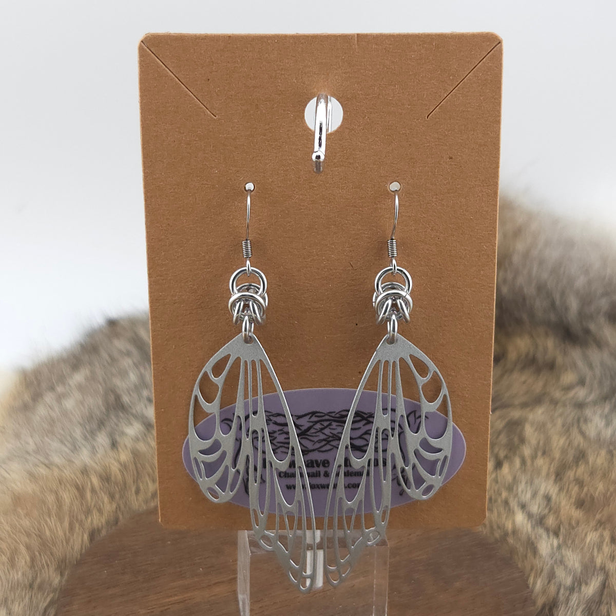 Earrings - Large Metallic Butterfly Wings, Frosted Silver - Stainless Steel Filigree on Stainless Steel Hooks