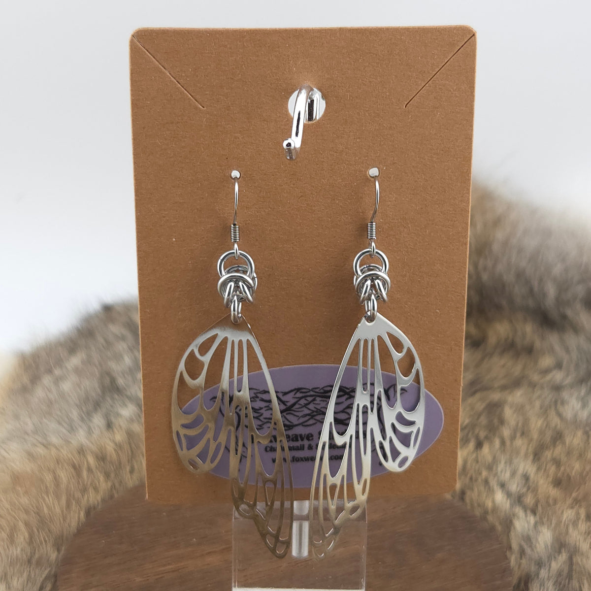 Earrings - Large Metallic Butterfly Wings, Silver - Stainless Steel Filigree on Stainless Steel Hooks