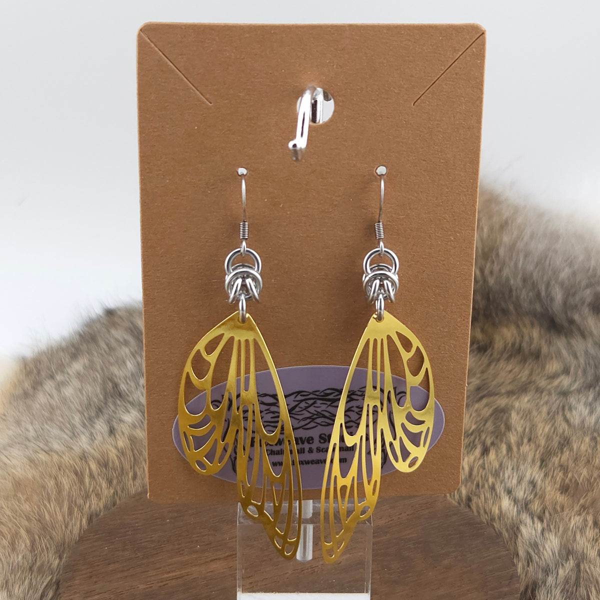 Earrings - Large Metallic Butterfly Wings, Yellow Gold - Stainless Steel Filigree on Stainless Steel Hooks
