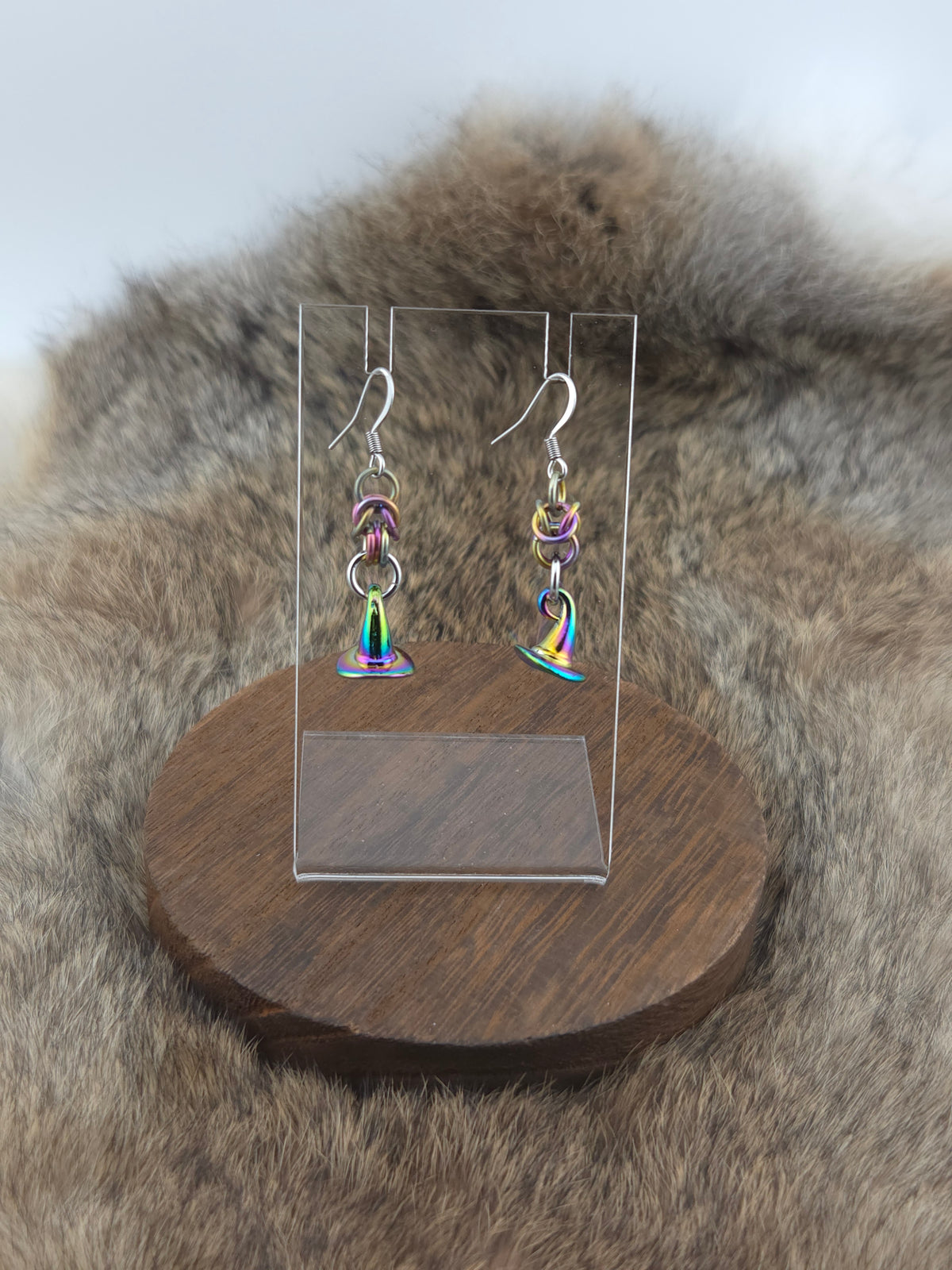 Earrings - Rainbow Titanium and Stainless Steel - Rainbow Witch Hats (Hooks)