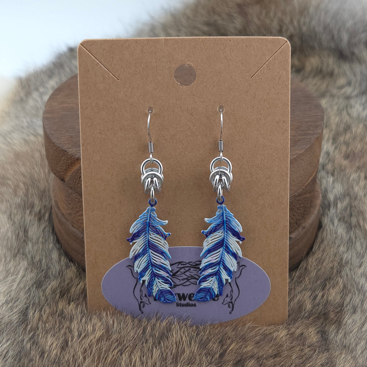 Earrings - Small Feathers, Blue, Light Blue, White - Stainless Steel Filigree on Stainless Steel Hooks