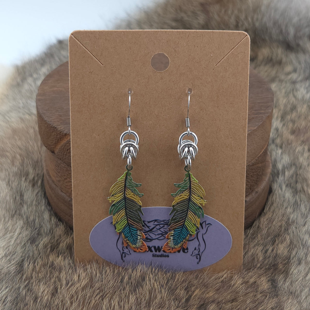 Earrings - Small Feathers, Green, Gold, Olive, Teal, Orange - Stainless Steel Filigree on Stainless Steel Hooks
