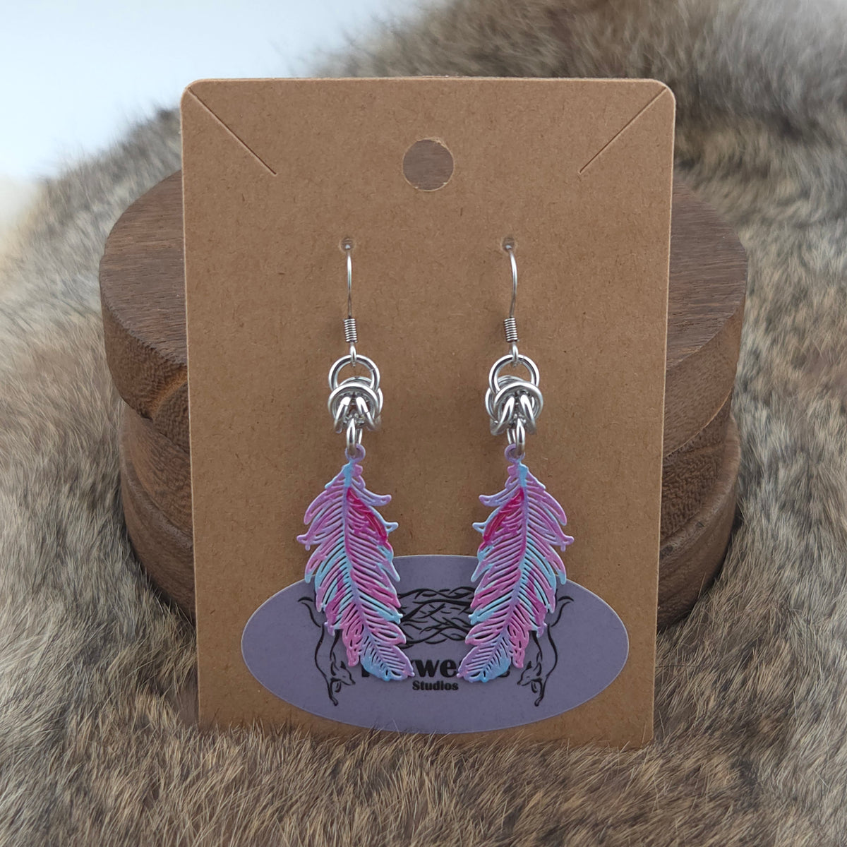 Earrings - Small Feathers, Pink, Light Blue, Violet - Stainless Steel Filigree on Stainless Steel Hooks