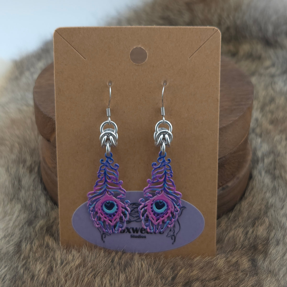 Earrings - Small Peacock Feathers, Blue, Teal, Pink, Purple - Stainless Steel Filigree on Stainless Steel Hooks