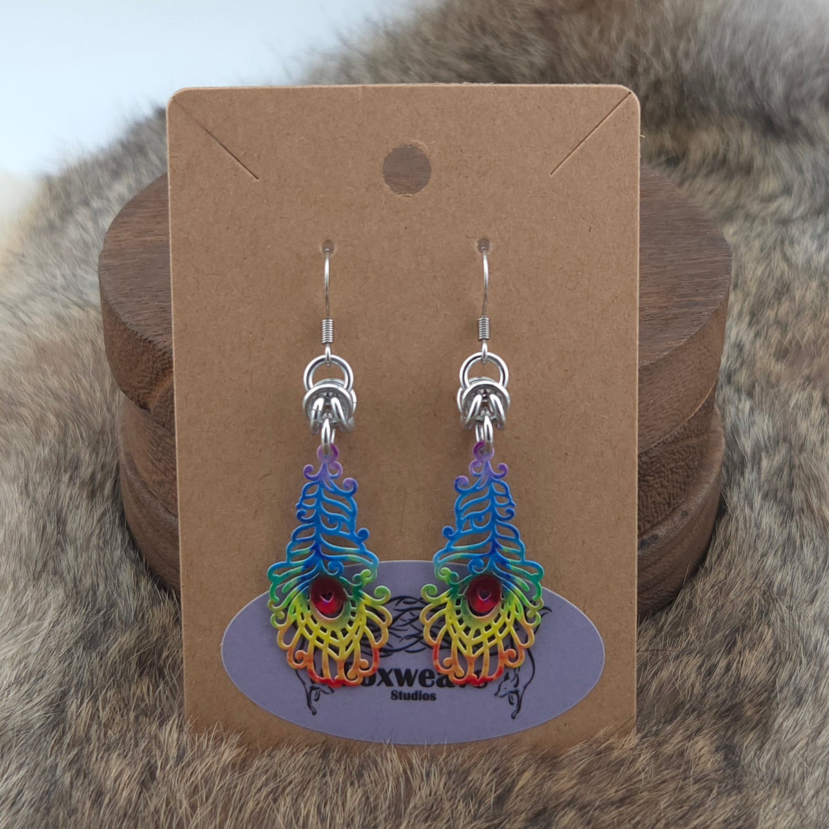 Earrings - Small Peacock Feathers, Rainbow - Stainless Steel Filigree on Stainless Steel Hooks
