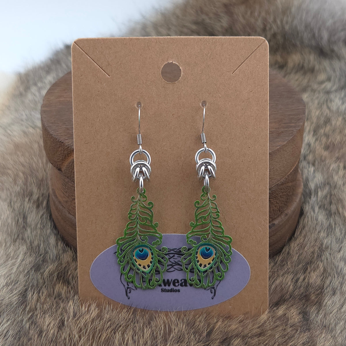 Earrings - Small Peacock Feathers - Stainless Steel Filigree on Stainless Steel Hooks