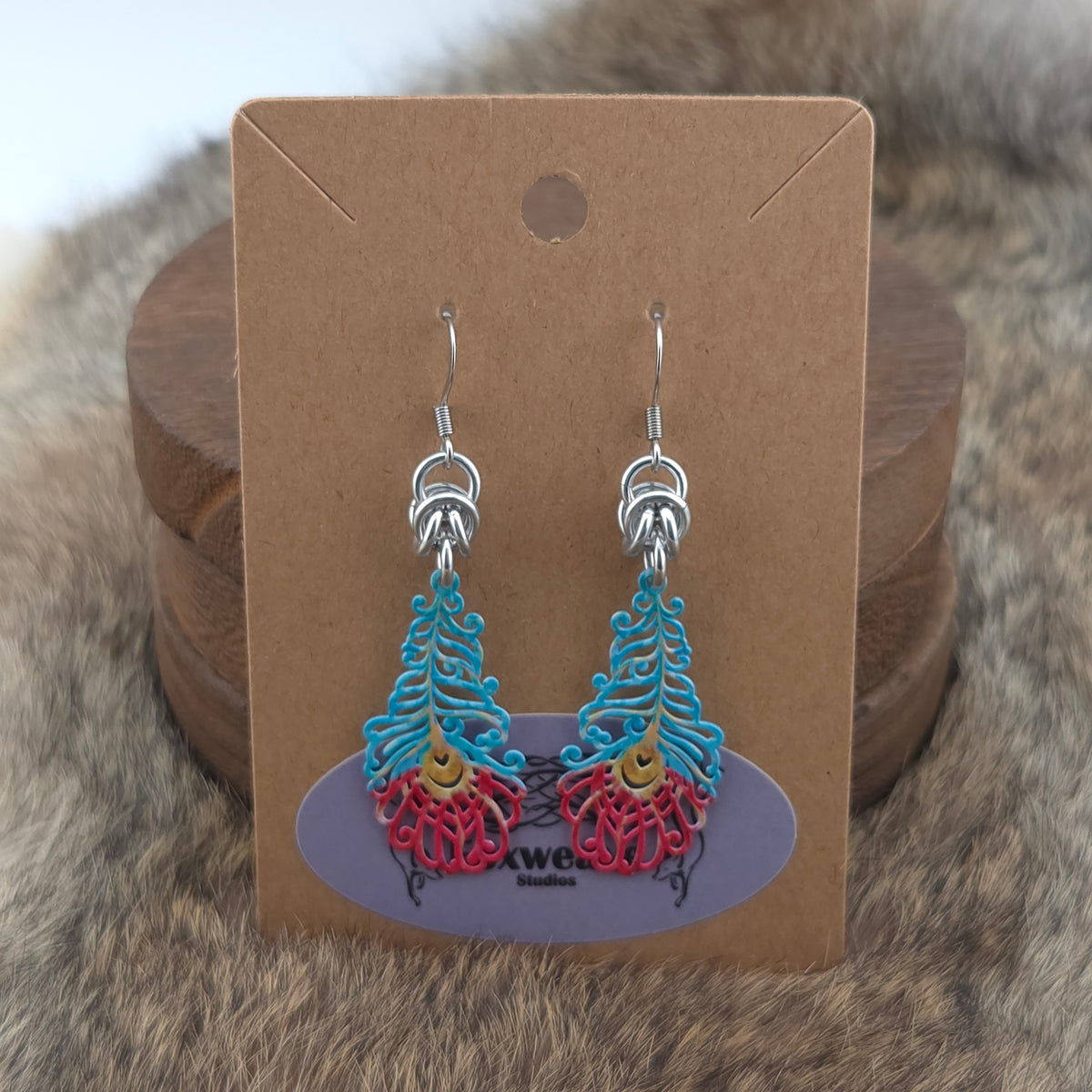Earrings - Small Peacock Feathers, Teal, Gold, Red - Stainless Steel Filigree on Stainless Steel Hooks