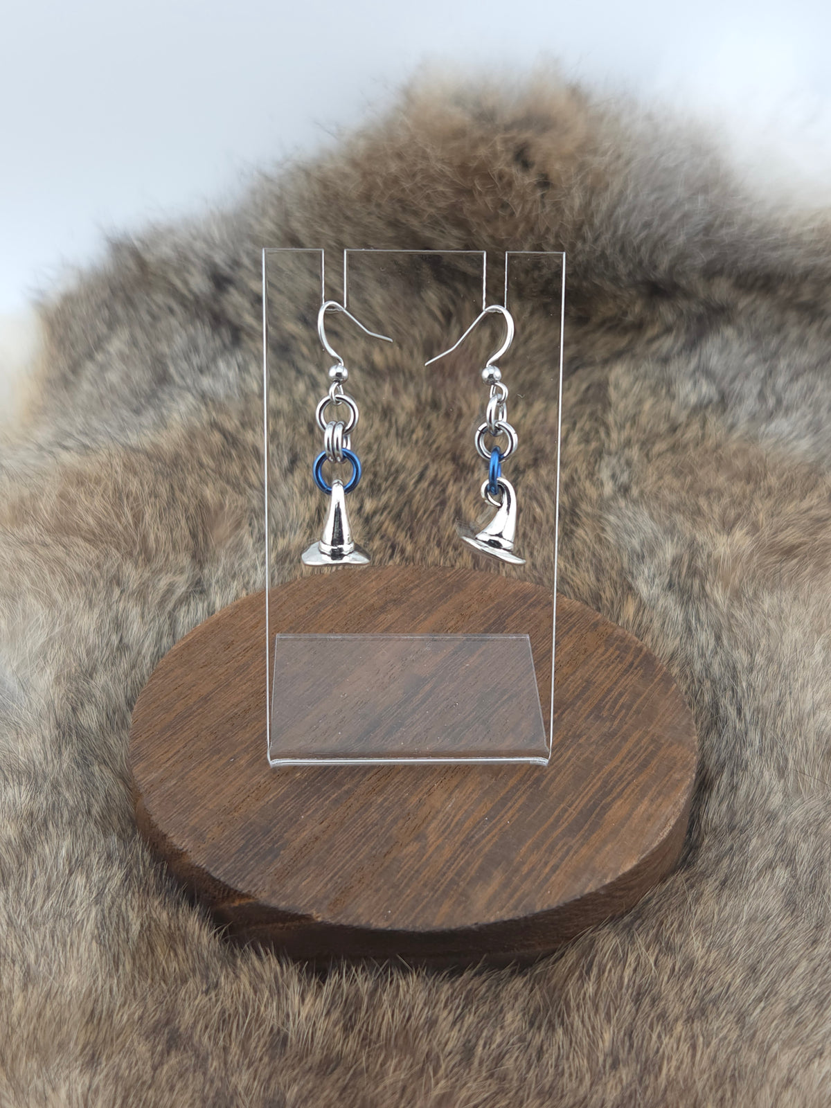 Earrings - Stainless Steel and Cornflower Blue Niobium - Silver Witch Hats (Hooks)