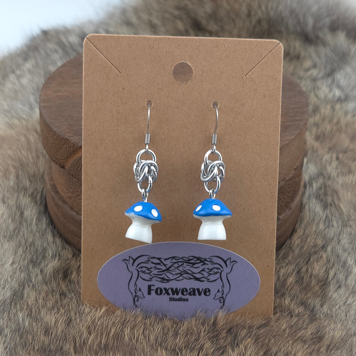 Earrings - Blue Capped Spotted White Mushrooms - Acrylic Charm on Stainless Steel Hooks