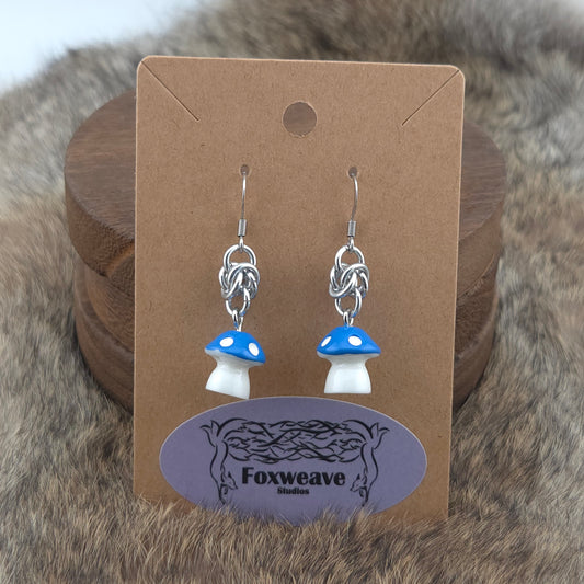 Earrings - Blue Capped Spotted White Mushrooms - Acrylic Charm on Stainless Steel Hooks