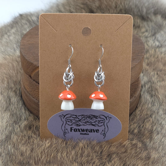 Earrings - Dark Orange Capped Spotted White Mushrooms - Acrylic Charm on Stainless Steel Hooks