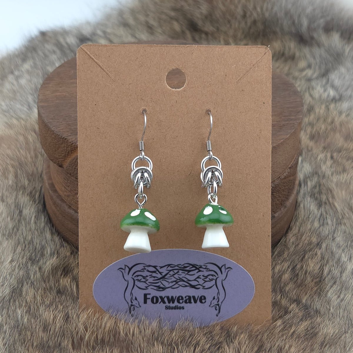 Earrings - Green Capped Spotted White Mushrooms - Acrylic Charm on Stainless Steel Hooks