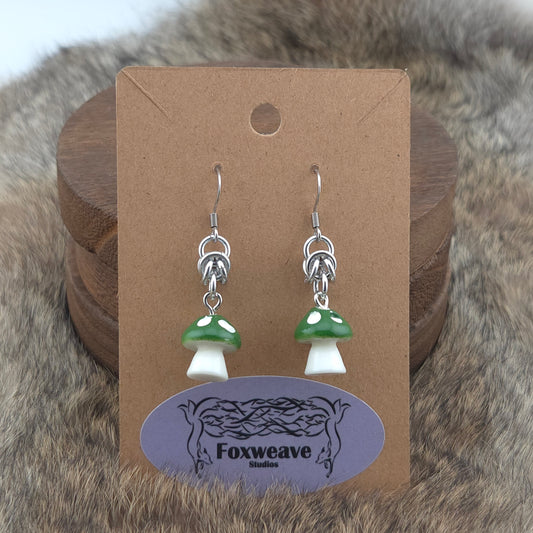 Earrings - Green Capped Spotted White Mushrooms - Acrylic Charm on Stainless Steel Hooks
