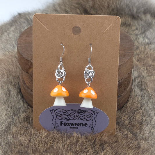 Earrings - Light Orange Capped Spotted White Mushrooms - Acrylic Charm on Stainless Steel Hooks