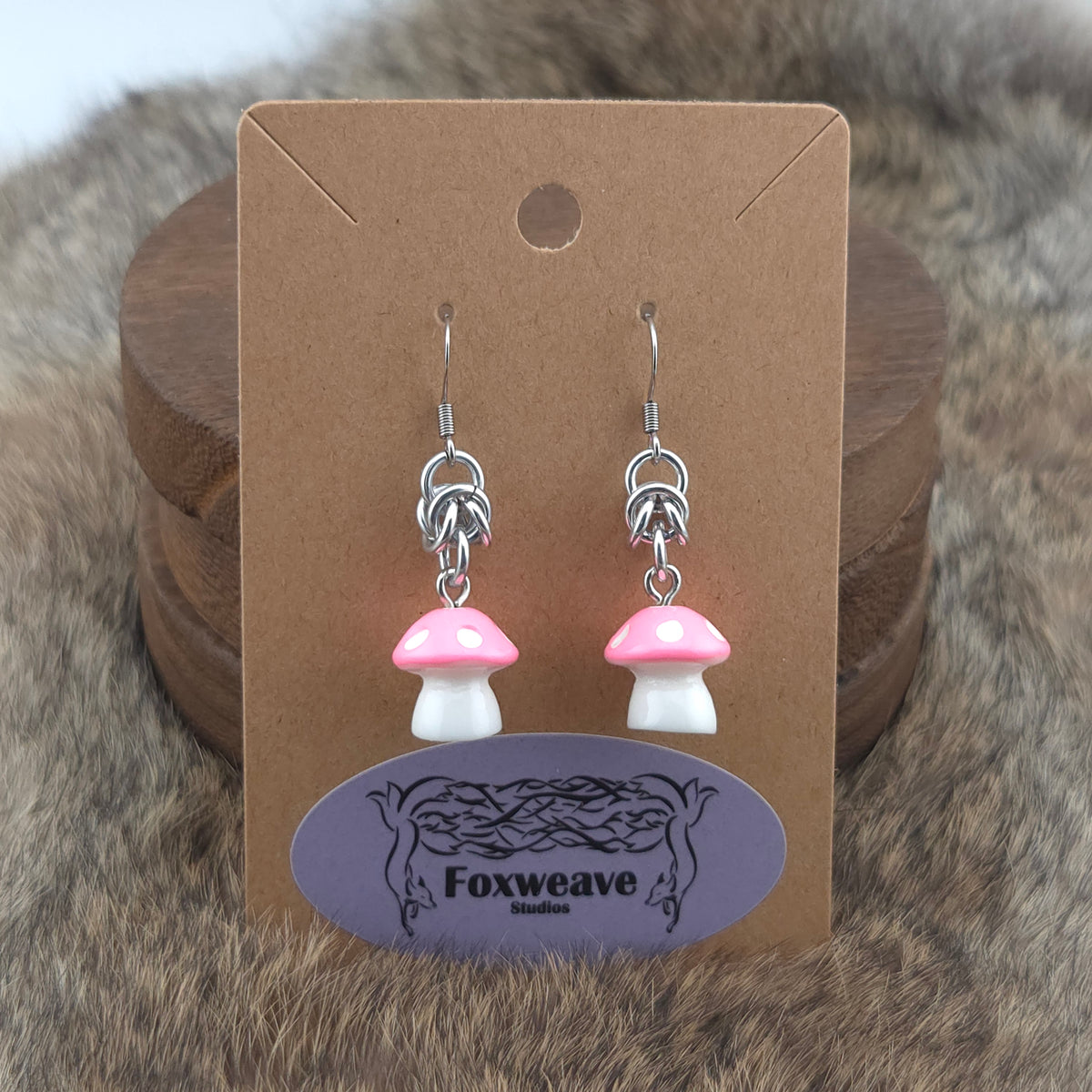 Earrings - Pink Capped Spotted White Mushrooms - Acrylic Charm on Stainless Steel Hooks