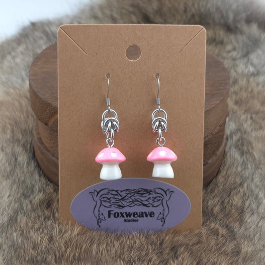 Earrings - Pink Capped Spotted White Mushrooms - Acrylic Charm on Stainless Steel Hooks