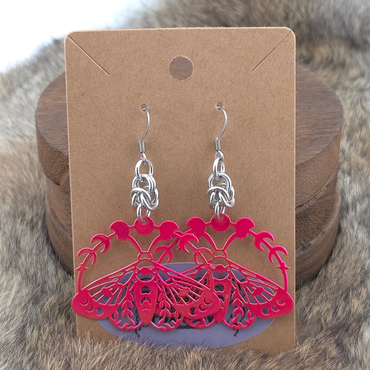 Earrings - Pink Moths - Stainless Steel Filigree on Stainless Steel Hooks
