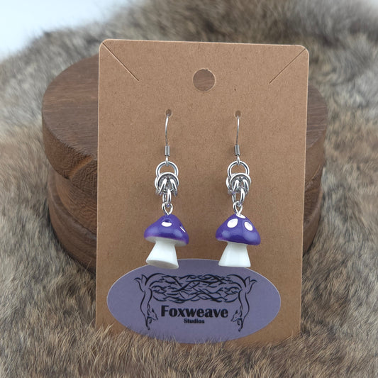 Earrings - Purple Capped Spotted White Mushrooms - Acrylic Charm on Stainless Steel Hooks