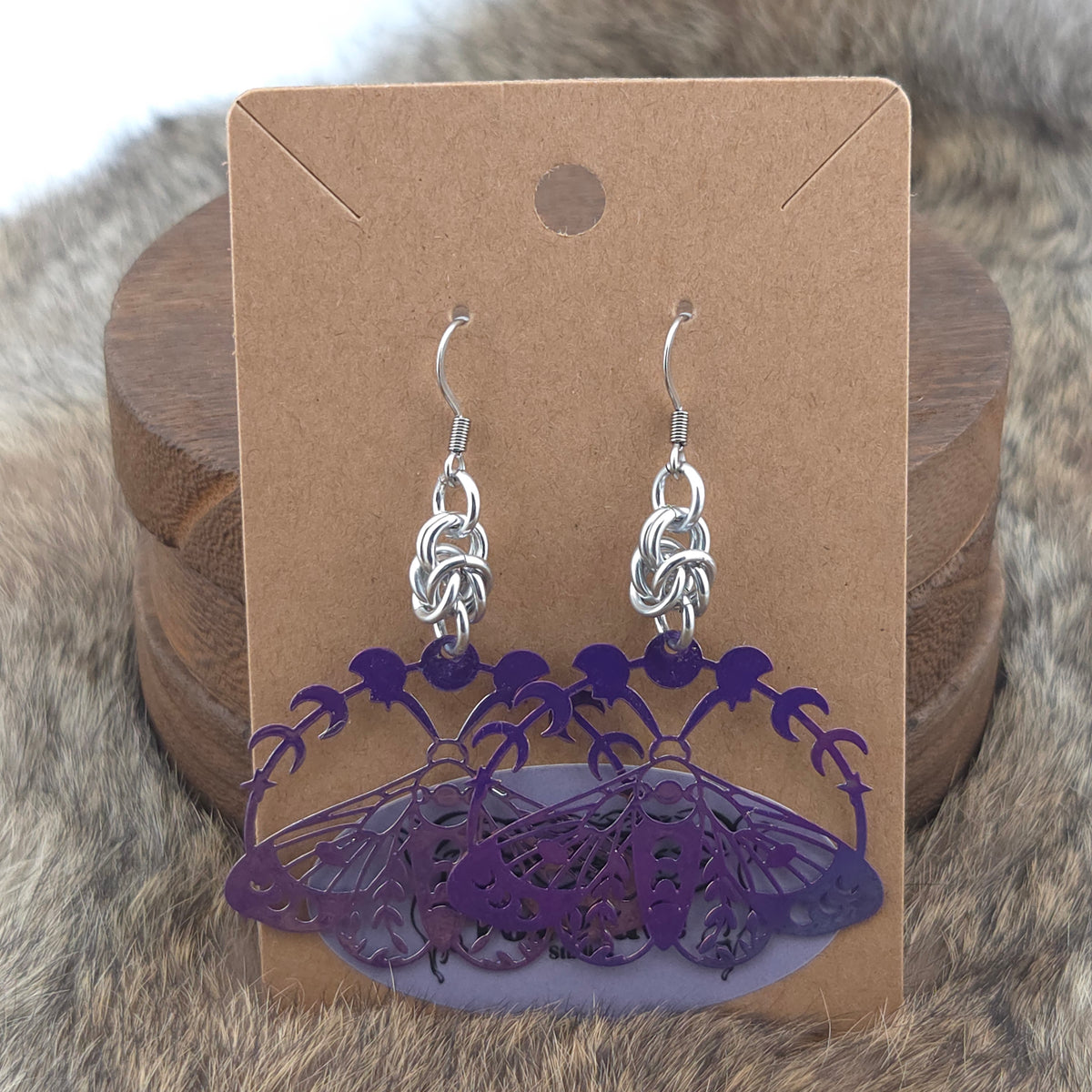 Earrings - Purple Moths - Stainless Steel Filigree on Stainless Steel Hooks