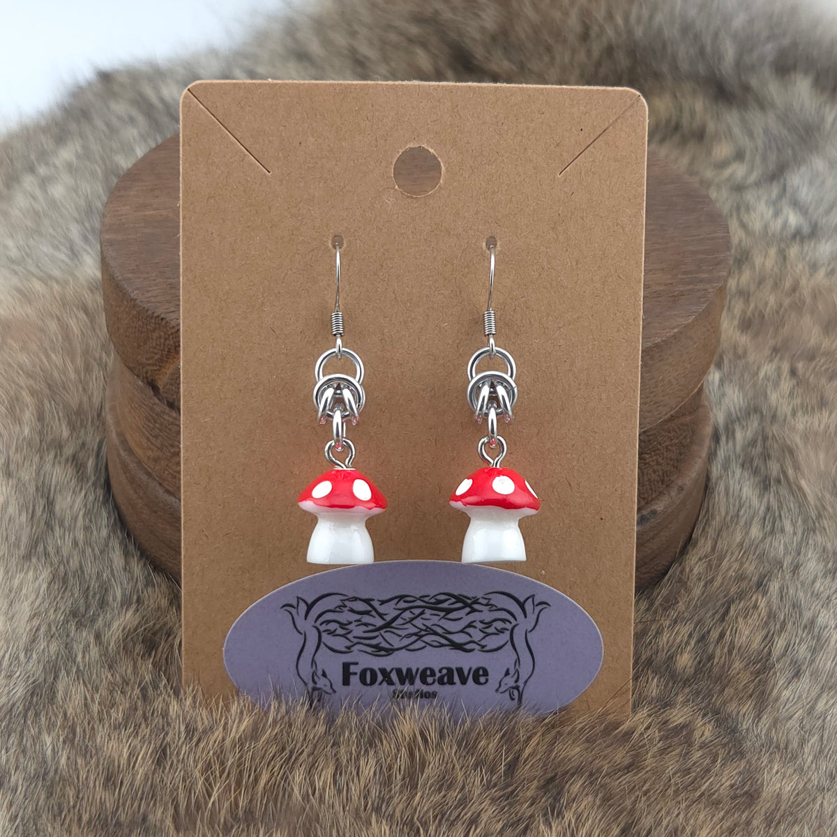 Earrings - Red Capped Spotted White Mushrooms - Acrylic Charm on Stainless Steel Hooks