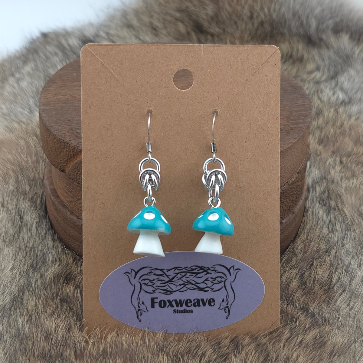 Earrings - Teal Capped Spotted White Mushrooms - Acrylic Charm on Stainless Steel Hooks
