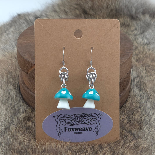 Earrings - Teal Capped Spotted White Mushrooms - Acrylic Charm on Stainless Steel Hooks