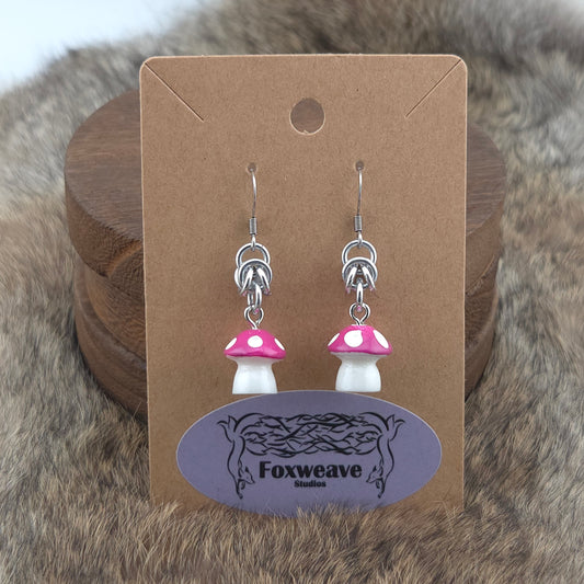 Earrings - Violet Capped Spotted White Mushrooms - Acrylic Charm on Stainless Steel Hooks