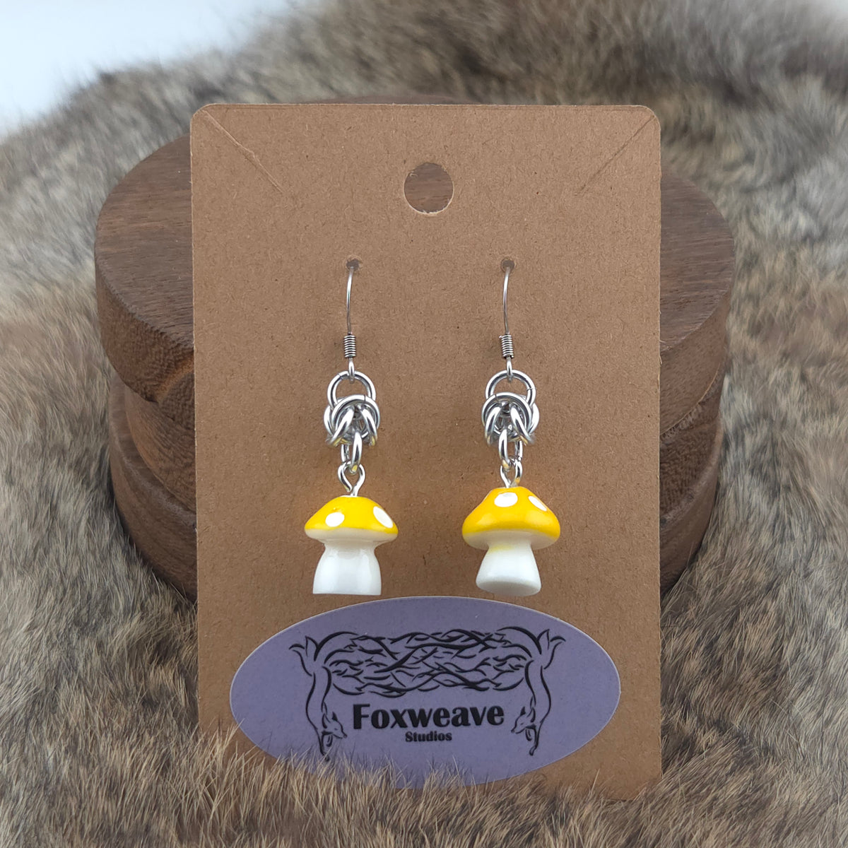 Earrings - Yellow Capped Spotted White Mushrooms - Acrylic Charm on Stainless Steel Hooks