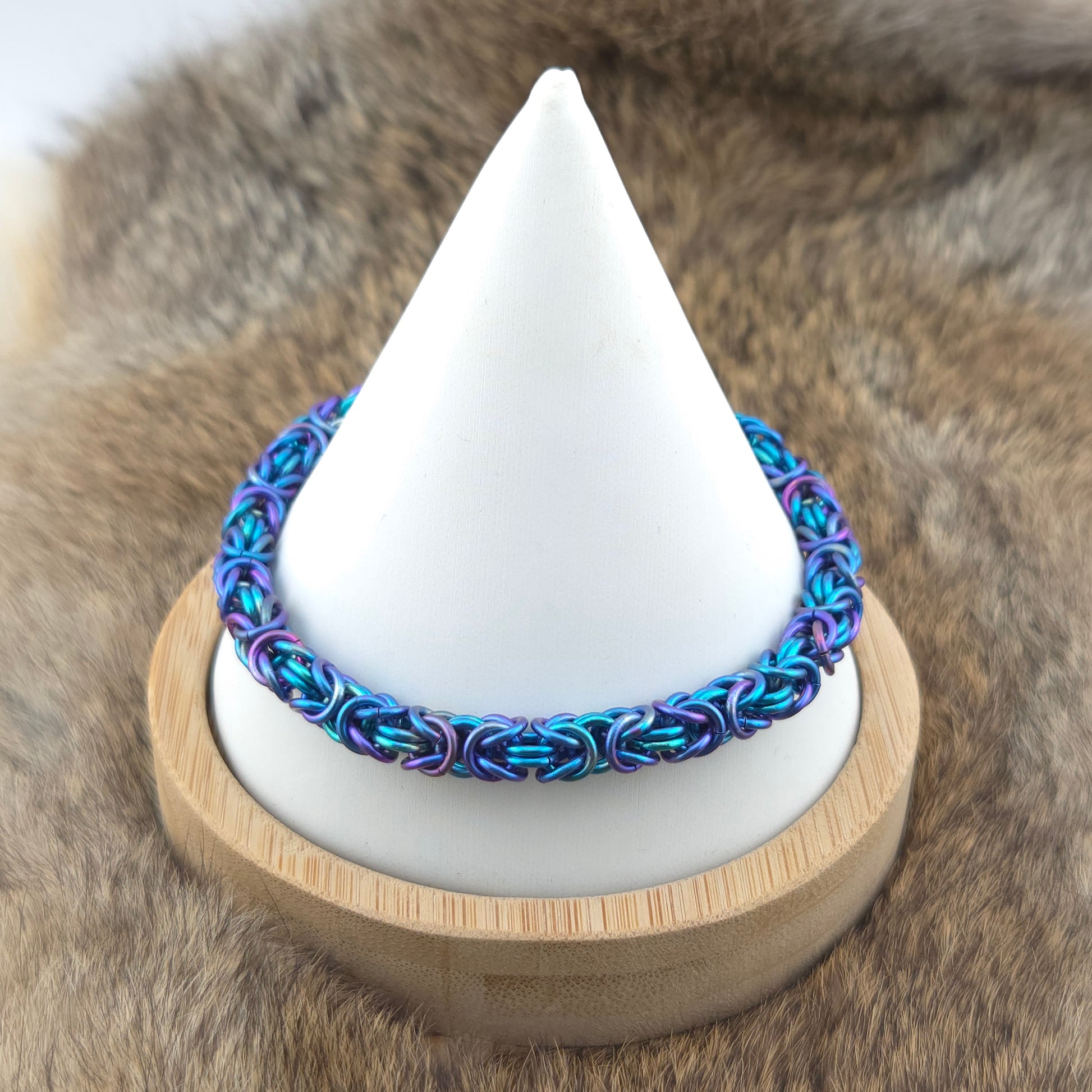 Peacock and teal titanium Byzantine bracelet.