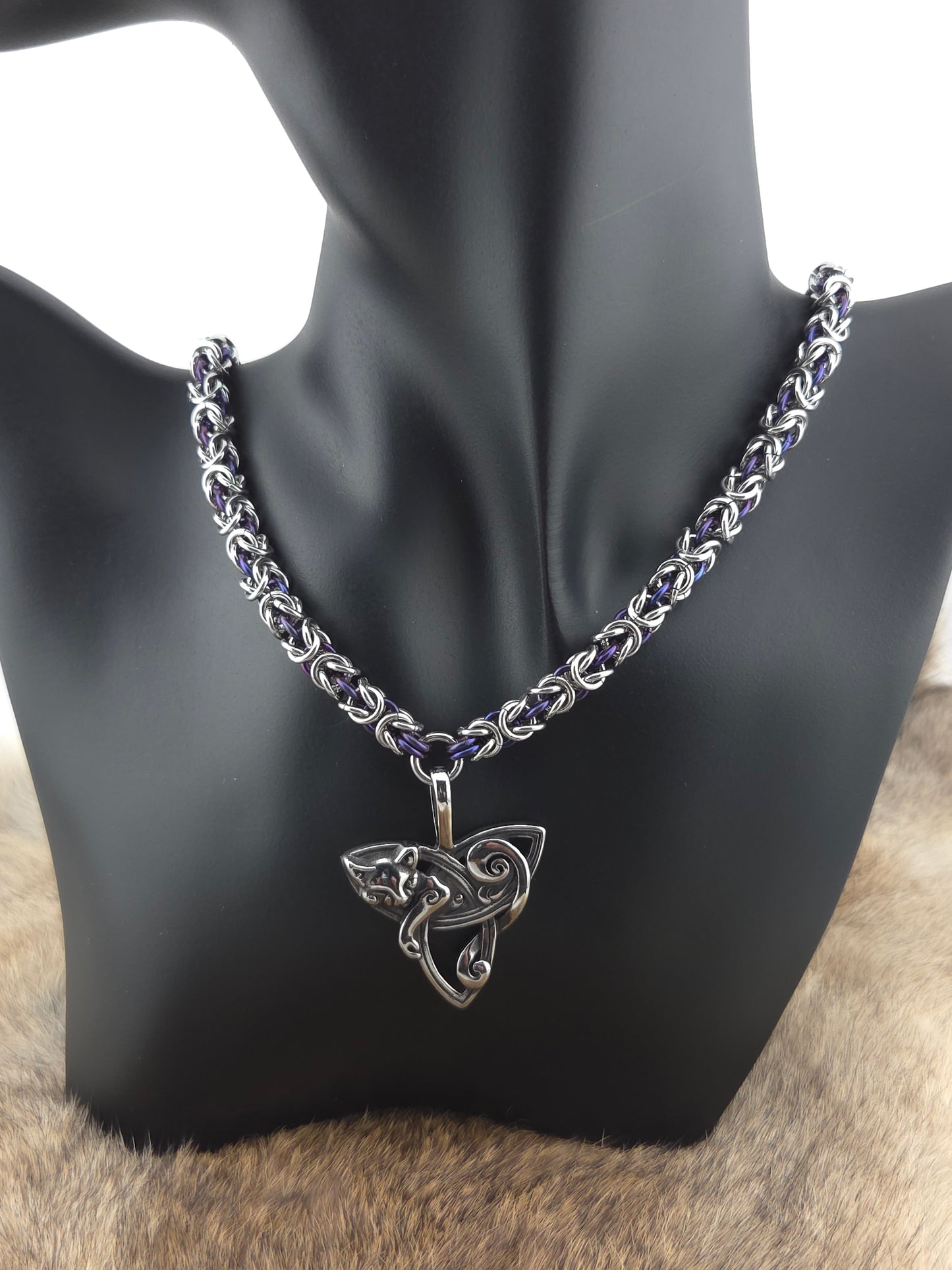 Stainless Steel and Midnight Purple Niobium Byzantine Chainmail Necklace with a Celtic Triqueta Cat Pendant