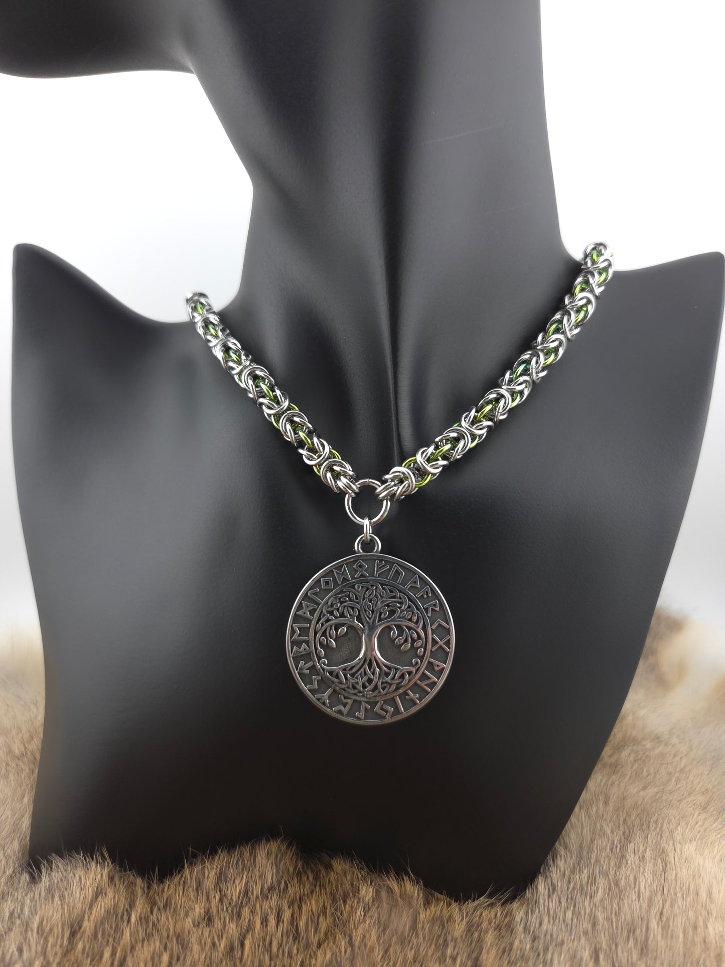 Stainless Steel and Sprout Green Niobium Byzantine Chainmail Necklace with a Runed Tree of Life Pendant