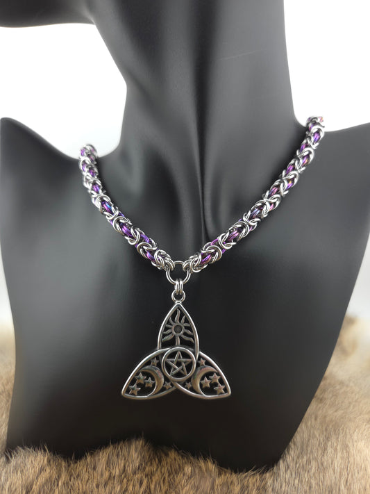 Stainless Steel and Violet Titanium Byzantine Chainmail Necklace with a Celestial Triquetra (Trinity Knot) Pendant