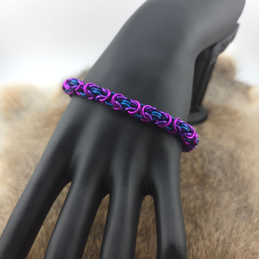 Byzantine chainmail bracelet, handwoven in bisexual pride flag colors.