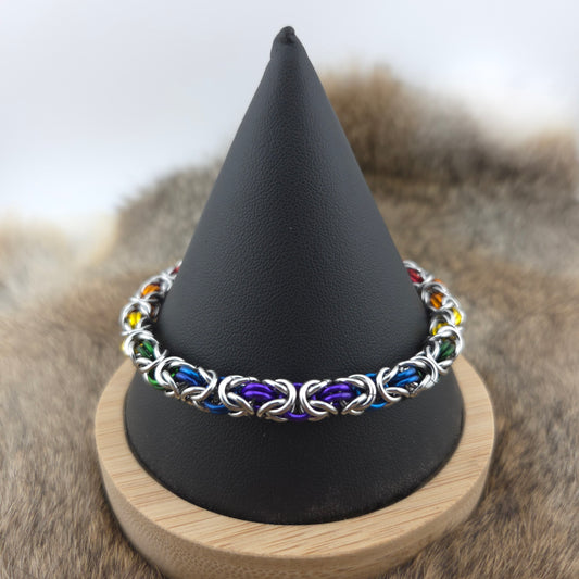Byzantine chainmail bracelet, handwoven in rainbow pride flag colors in premium anodized aluminum, interwoven with stainless steel.