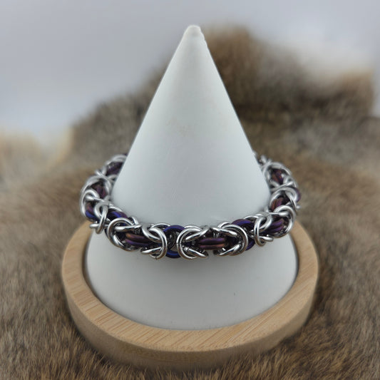 Byzantine chainmail bracelet, handwoven in 16 gauge stainless steel and dark purple anodized titanium.