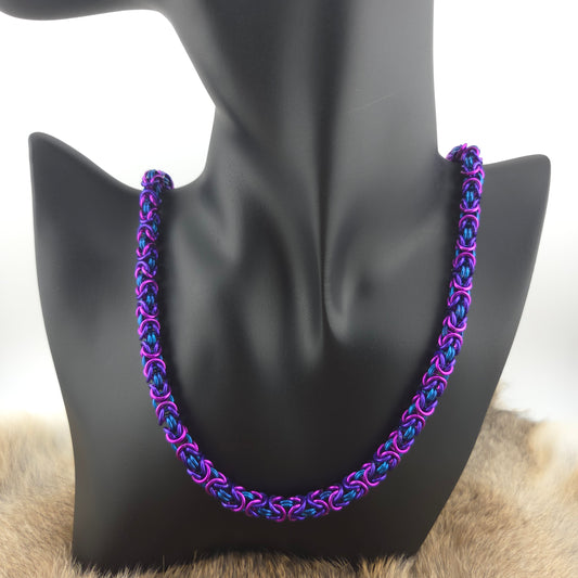 Byzantine chainmail necklace, handwoven in bisexual pride flag colors.