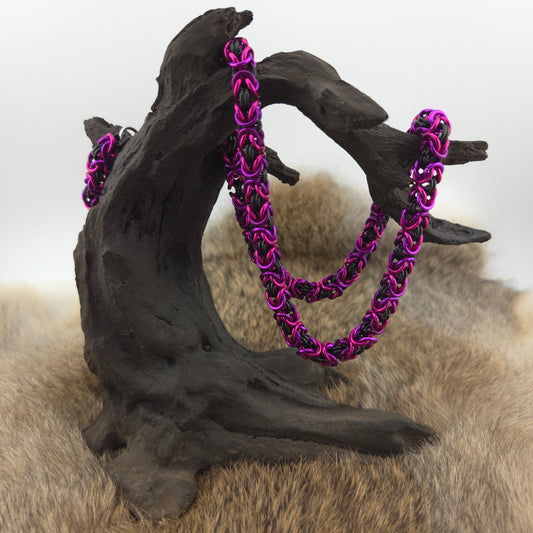 Byzantine chainmail necklace, handwoven in black, violet, and dragon fruit premium anodized aluminum.