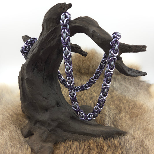 Byzantine chainmail necklace, handwoven in gray, dark purple, and lavender premium anodized aluminum.