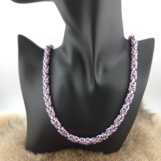 Byzantine chainmail necklace, handwoven in matte frost, pink, and lavender premium anodized aluminum.