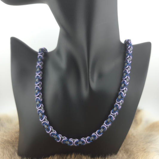 Byzantine chainmail necklace, handwoven in matte titanium, matte blue, and matte lavender premium anodized aluminum.