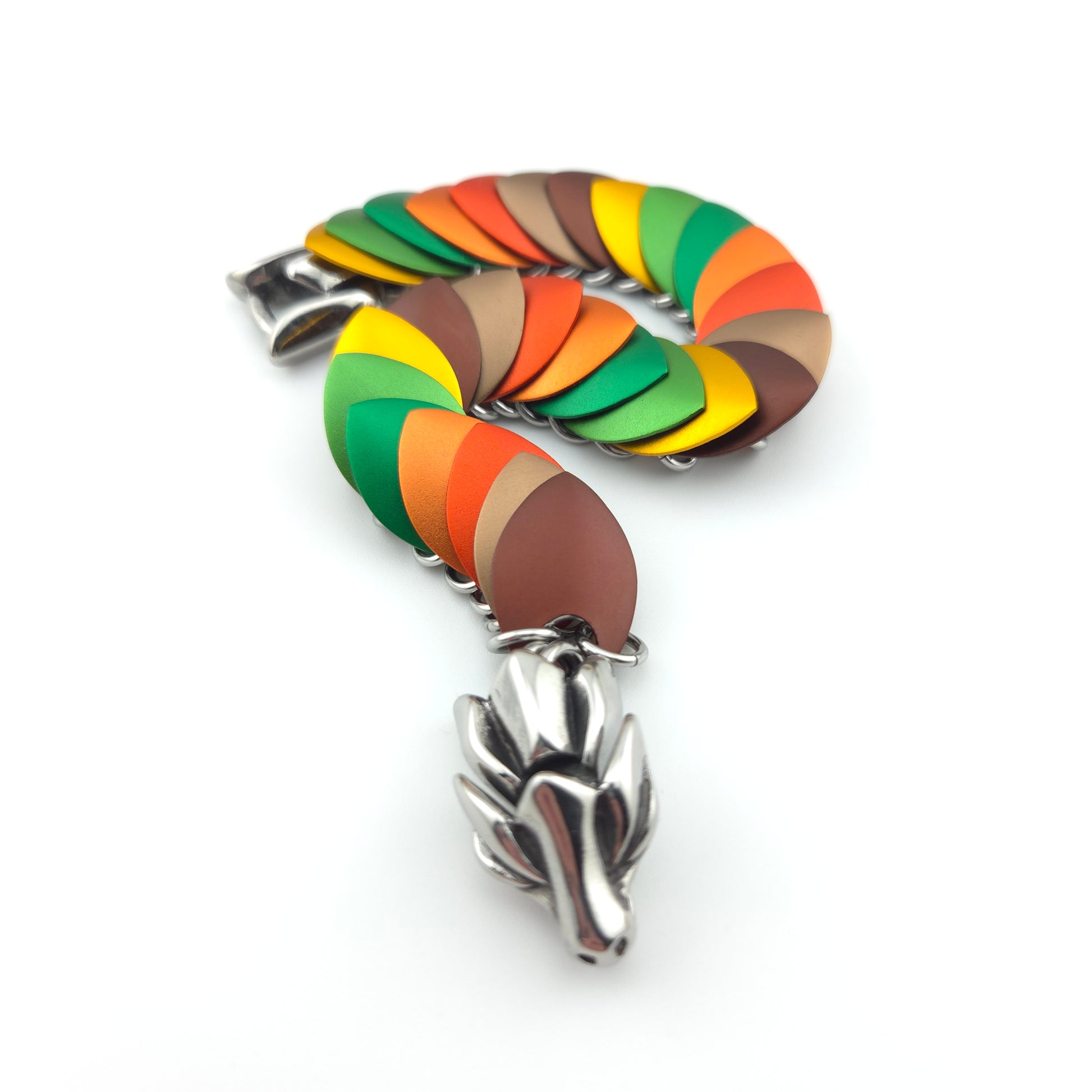 Dragon Scale Bracelet, with a stainless steel spine, premium anodized aluminum scales, and a solid stainless steel spring clasp shaped as a Dragon head.