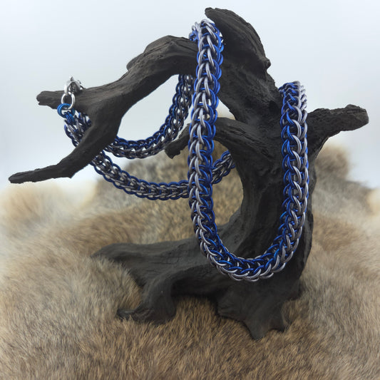 Full Persian chainmail necklace, handwoven in blue and gray premium anodized aluminum.