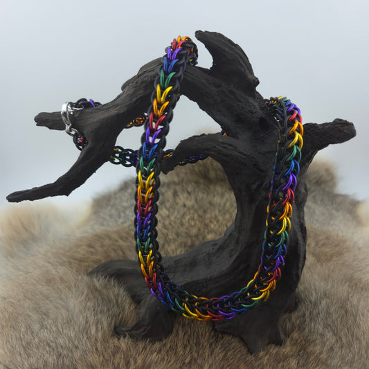 Full Persian chainmail necklace, handwoven in matte black and rainbow colored premium anodized aluminum.