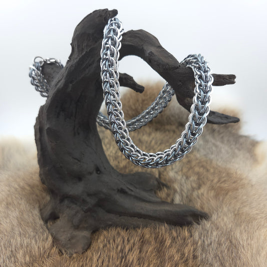 Full Persian chainmail necklace, handwoven in silver and storm gray premium anodized aluminum.