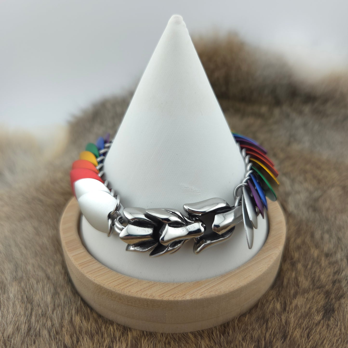 Stainless steel Dragon Scale Bracelet, with a stainless steel spine, stainless steel scales, and a solid stainless steel spring clasp shaped as a Dragon head.